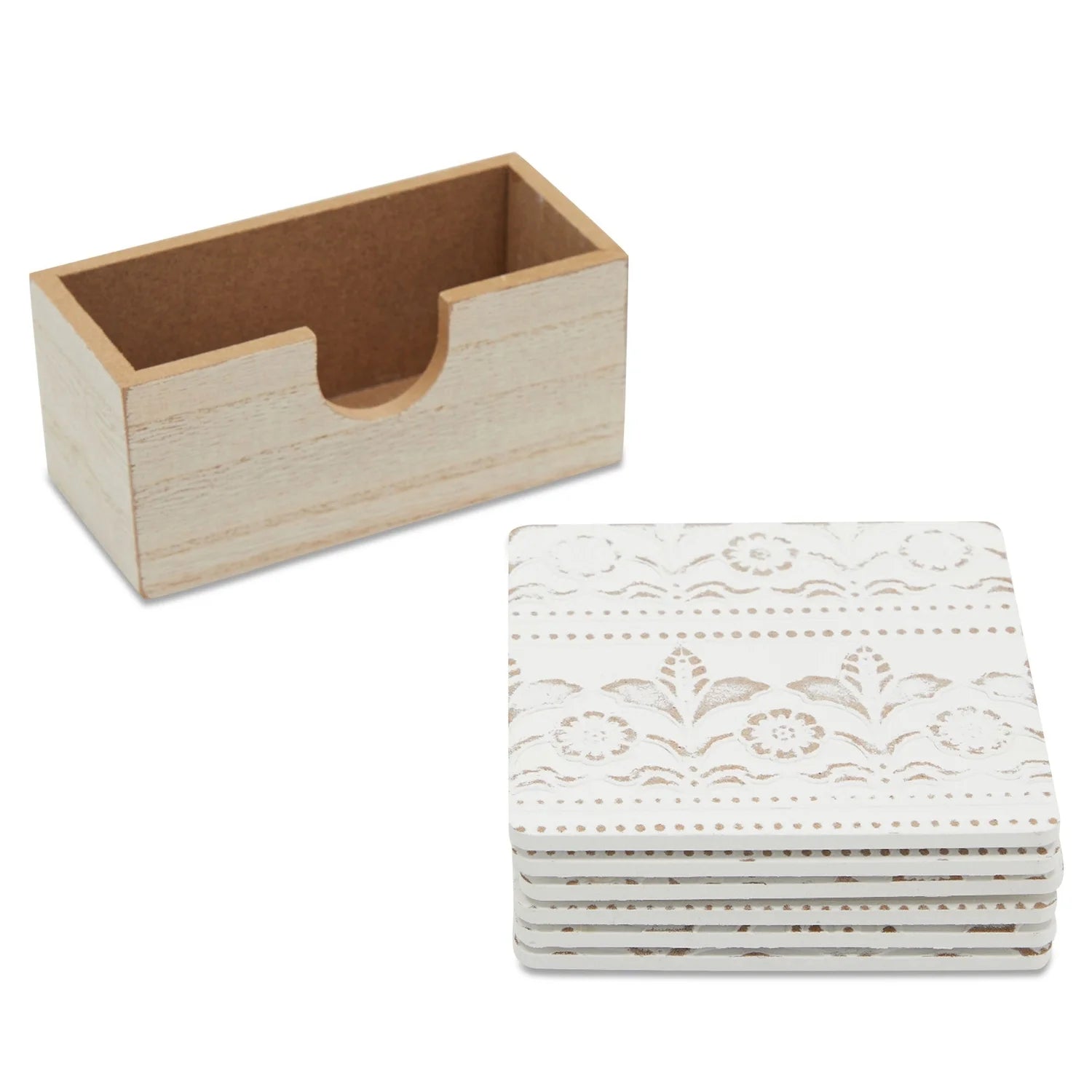 Set of 6 White Wooden Coasters with Holder for Drinks, Coffee Table, and Floral Farmhouse Decor (3.8 Inches)