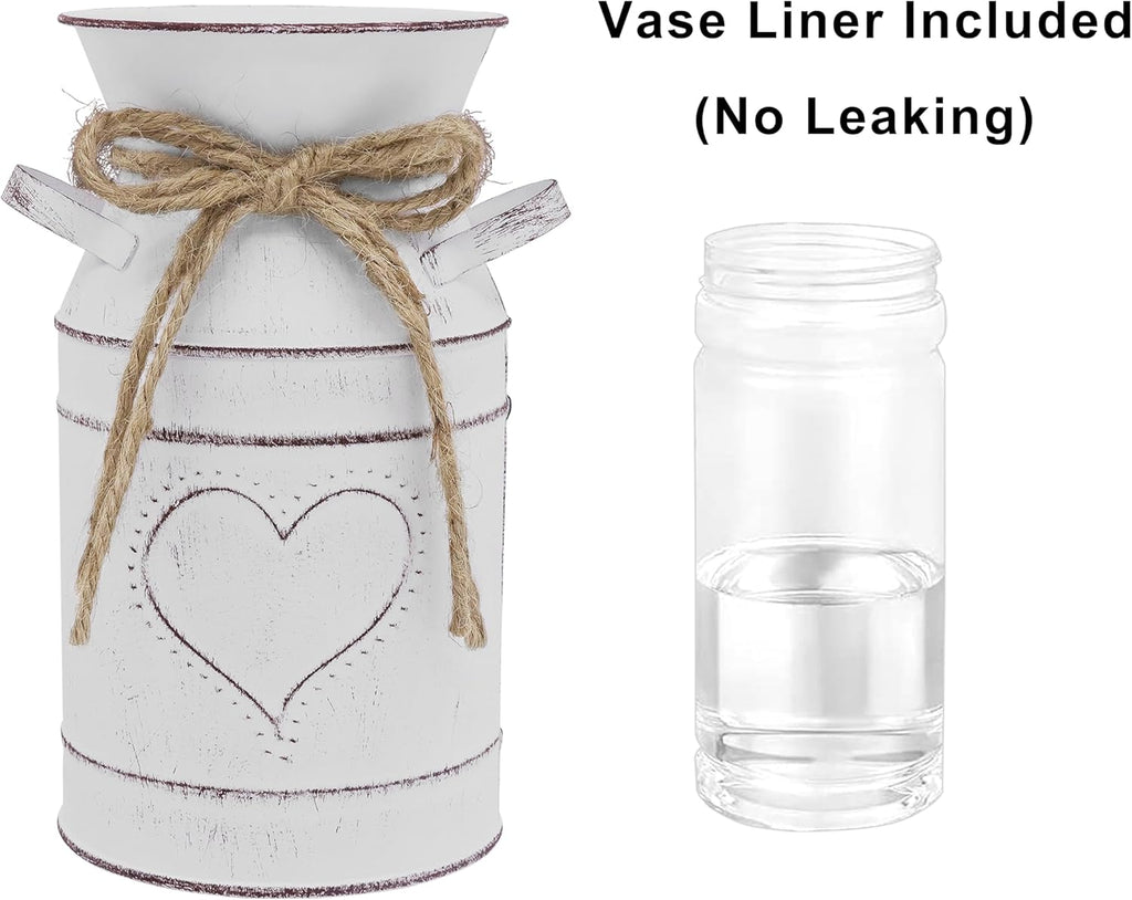 Rustic Galvanized Milk Can,White Farmhouse Decor Metal Flower Vase for Kitchen Bathroom Home Weddings Office -7.8" H