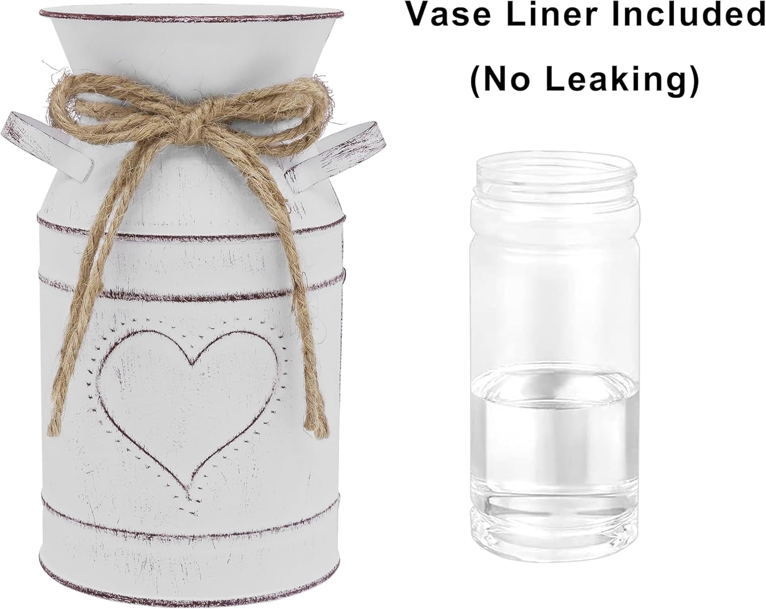 Rustic Galvanized Milk Can,White Farmhouse Decor Metal Flower Vase for Kitchen Bathroom Home Weddings Office -7.8" H