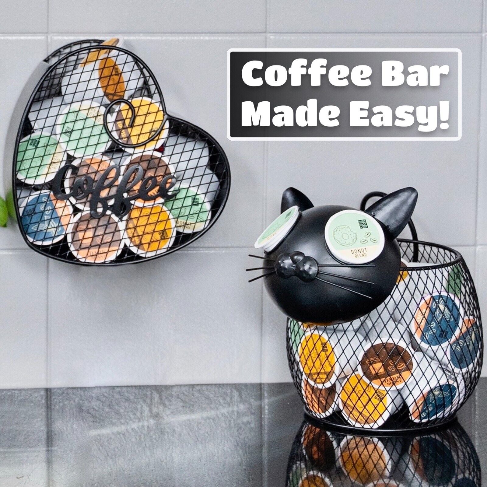 Made Easy Kit Coffee Pod Organizer, Coffee Bar Functional Décor, Black Heart