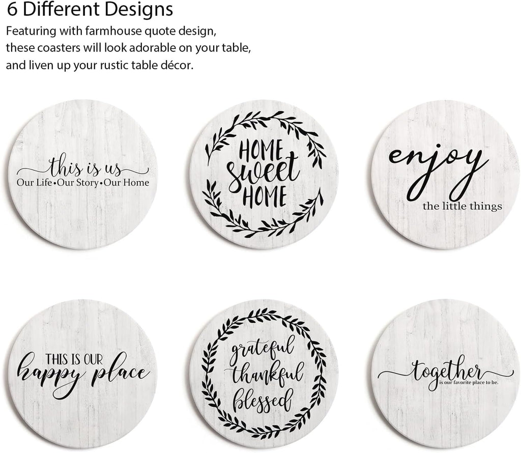 Coasters for Drinks, Set of 6 Absorbent Drink Coasters with Holder, Farmhouse Style Ceramic Drink Coasters with Cork Backing for Table Protection, Housewarming Gifts for New Home