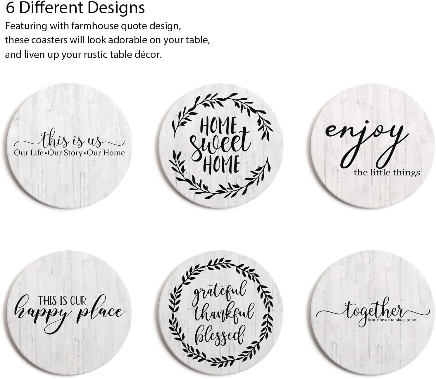 Coasters for Drinks, Set of 6 Absorbent Drink Coasters with Holder, Farmhouse Style Ceramic Drink Coasters with Cork Backing for Table Protection, Housewarming Gifts for New Home