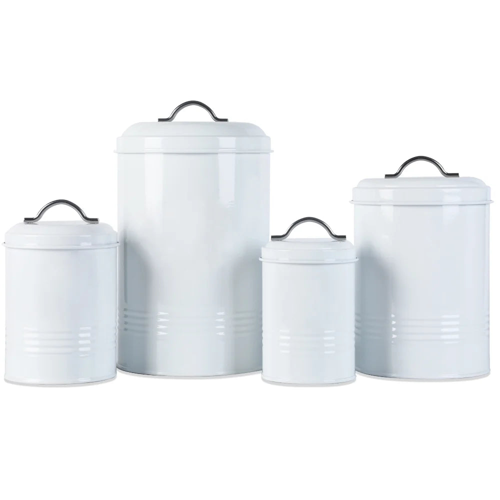 Farmhouse Canisters Sets for Kitchen Countertop, Set of 4 Airtight White Nesting Canister Jars with Removable Chalkboard Labels and Marker, for Flour Sugar Coffee Tea Storage