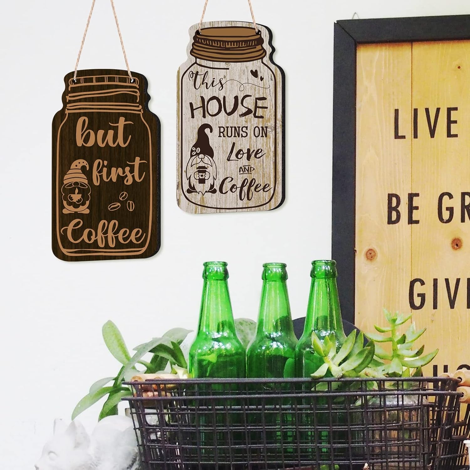 4 Pieces Fall Coffee Bar Decor Farmhouse Wood Sign Wall Hanging Plaque but First Coffee Mason Jar Table Plaque for Home Office Kitchen Wall Decor(Gnomes Style)