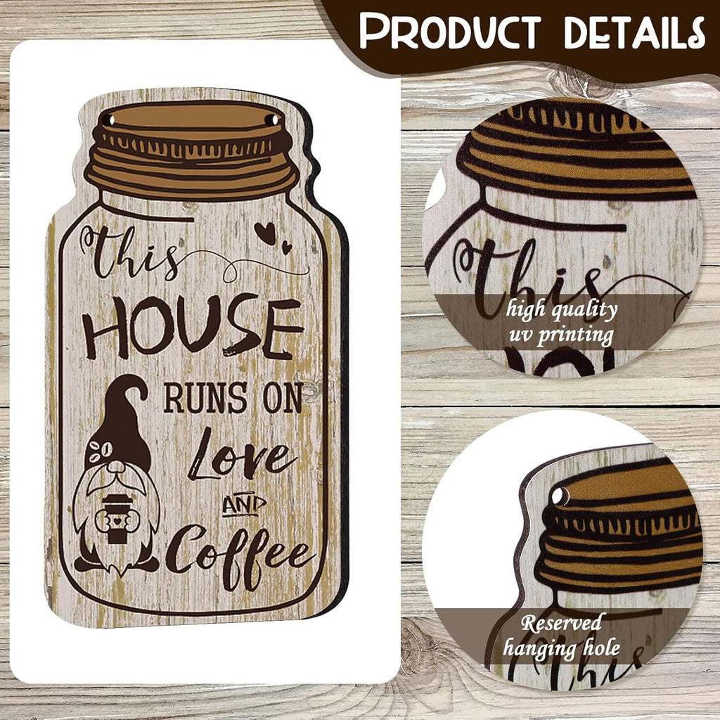 4 Pieces Fall Coffee Bar Decor Farmhouse Wood Sign Wall Hanging Plaque but First Coffee Mason Jar Table Plaque for Home Office Kitchen Wall Decor(Gnomes Style)