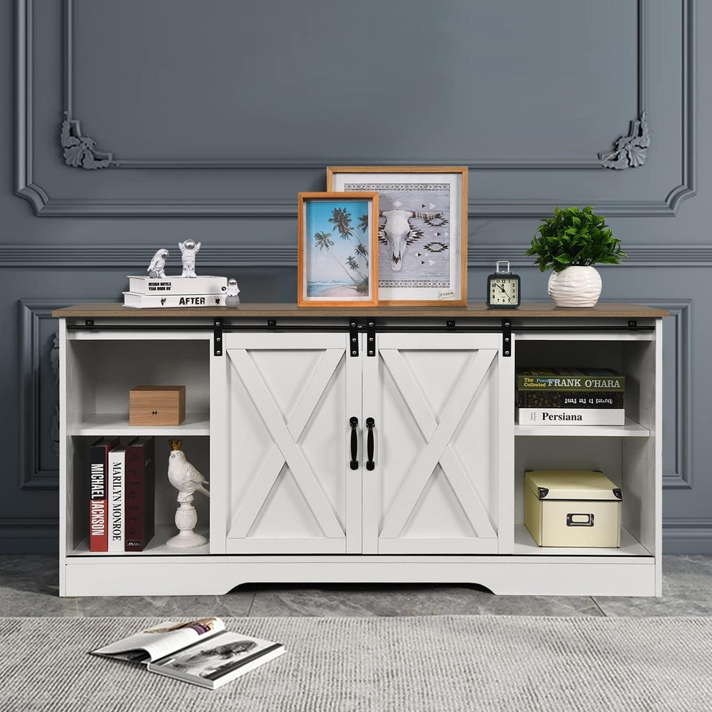 Farmhouse Coffee Bar Cabinet, 59" Buffet Cabinet with Storage & Sliding Barn Doors, Kitchen Storage Cabinet, Coffee Station, Living Dining Room, White