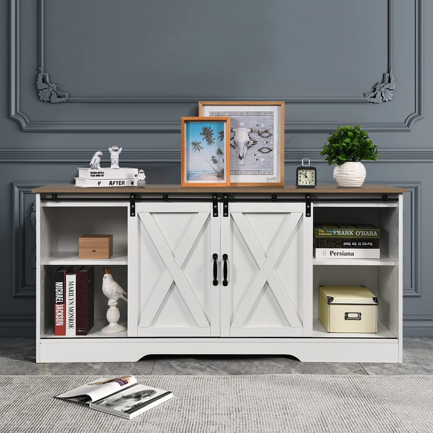 Farmhouse Coffee Bar Cabinet, 59" Buffet Cabinet with Storage & Sliding Barn Doors, Kitchen Storage Cabinet, Coffee Station, Living Dining Room, White