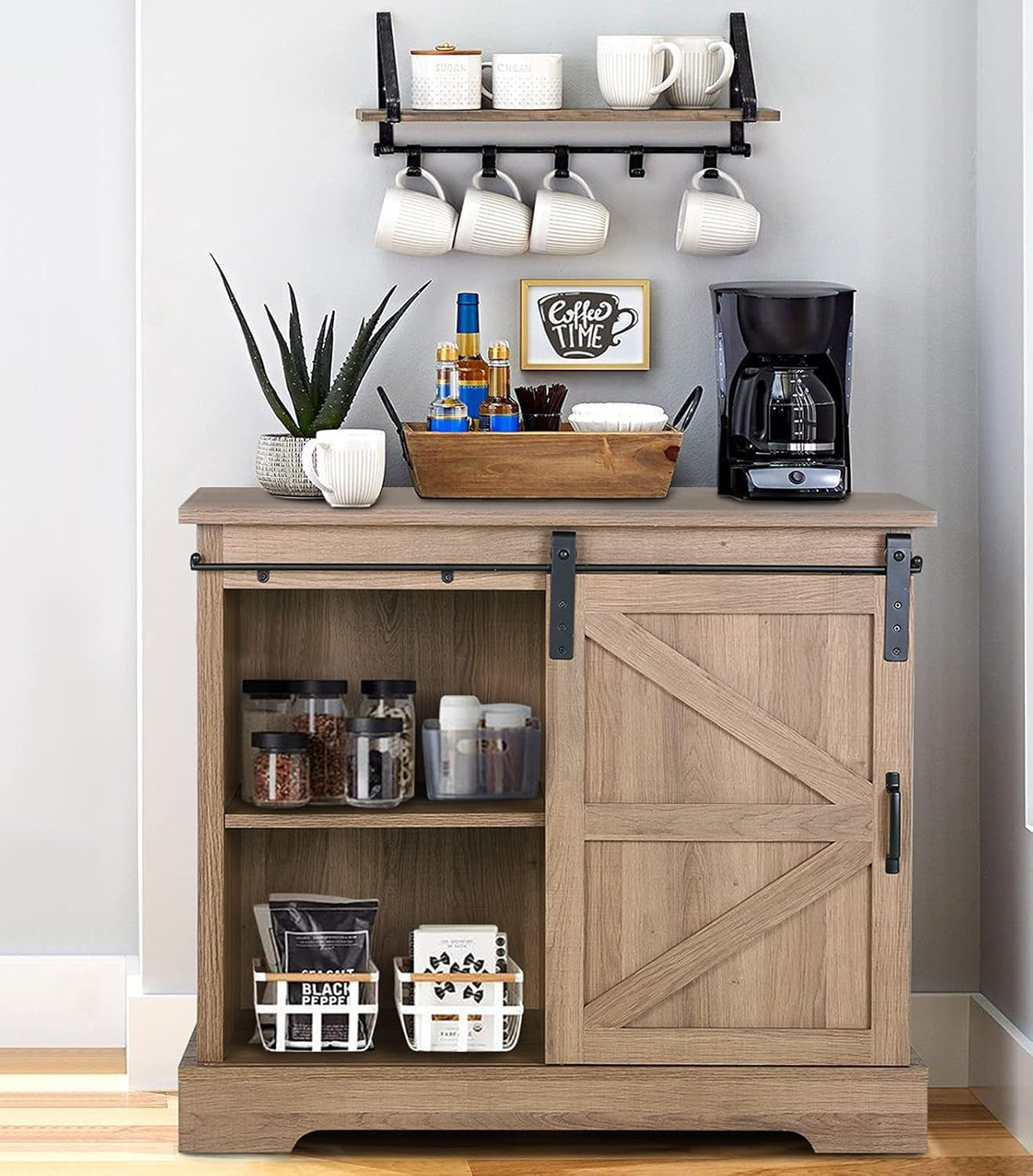 Farmhouse Coffee Bar Cabinet - Sliding Barn Door Kitchen Sideboard Buffet Storage Cabinet