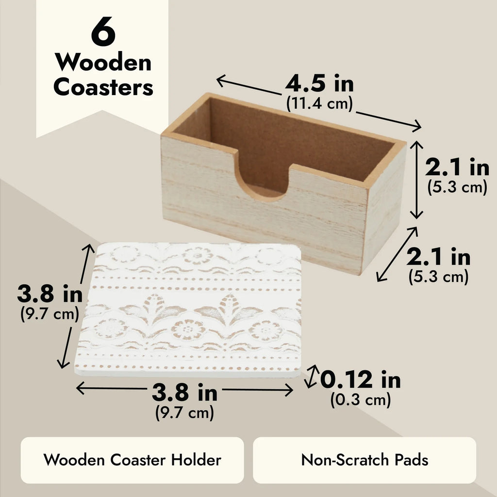 Set of 6 White Wooden Coasters with Holder for Drinks, Coffee Table, and Floral Farmhouse Decor (3.8 Inches)