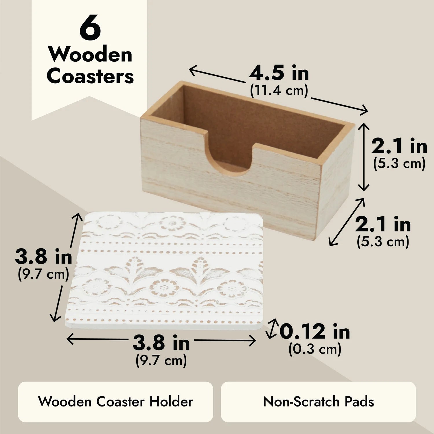 Set of 6 White Wooden Coasters with Holder for Drinks, Coffee Table, and Floral Farmhouse Decor (3.8 Inches)