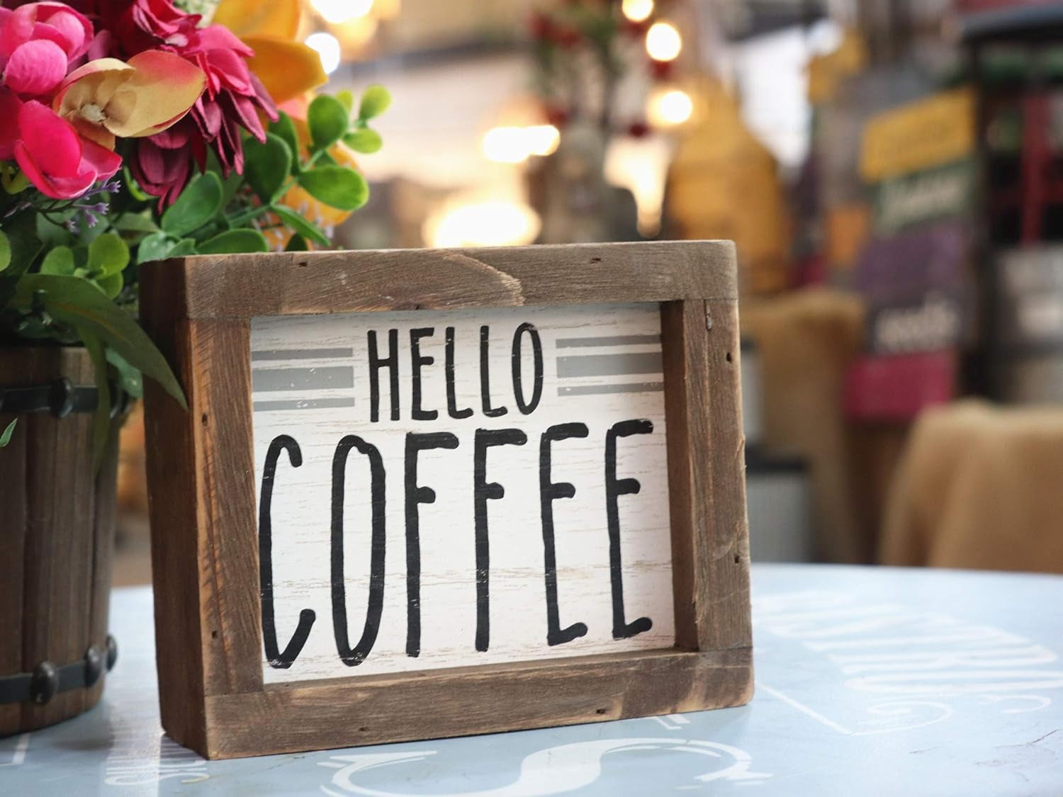 Hello Coffee Barn Wood Small Box Sign for Kitchen Decor Coffee Bar, Rustic Wooden Coffee Sign Plaque Freestanding Farmhouse Kitchen Decor Wood Home Decor 5.8''X4.8''