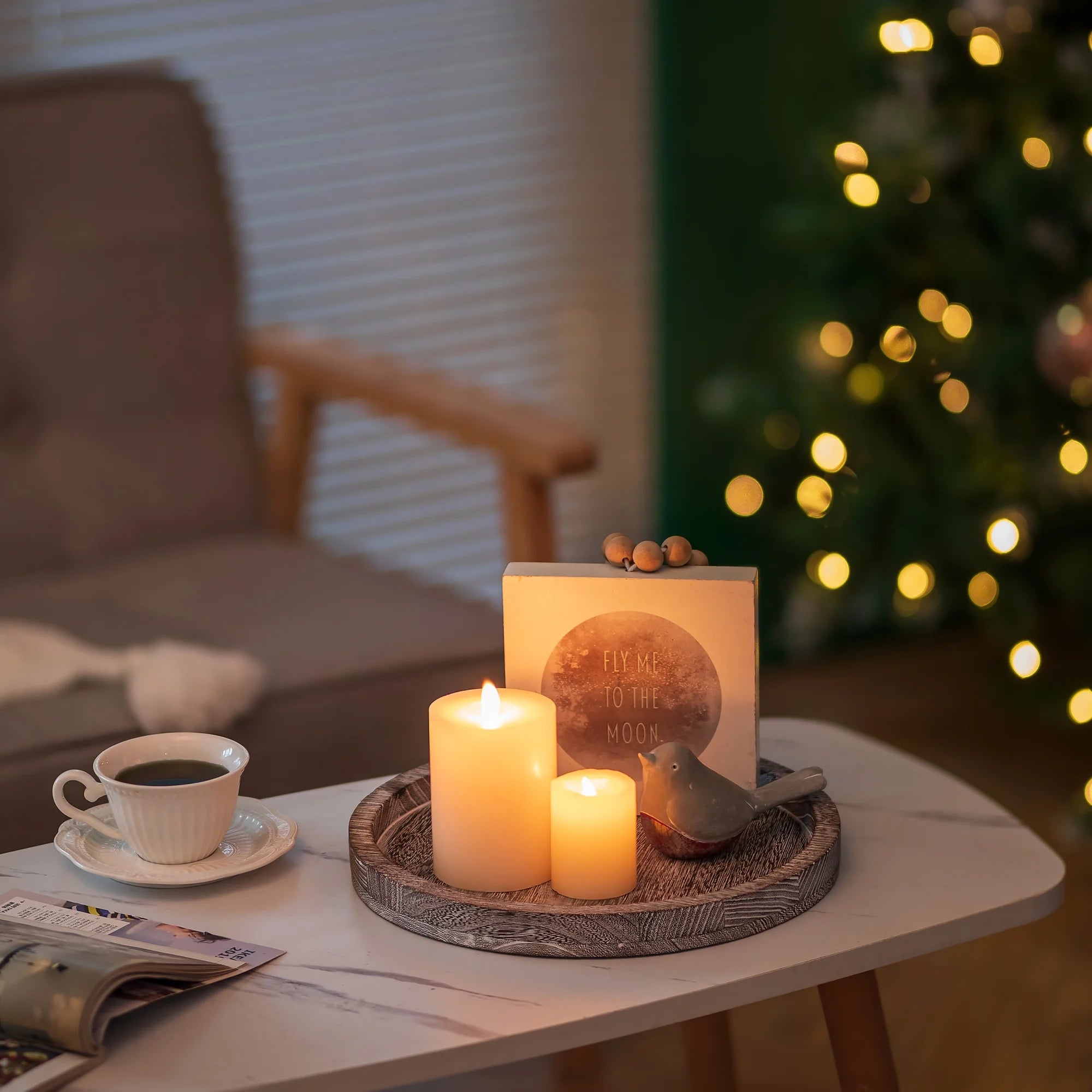 round Wood Candle Tray: Rustic Wooden Candle Holder White Pillar Stand Farmhouse Coffee Table Tray for Living Room Kitchen Counter Bathroom Home Decor,11.8"