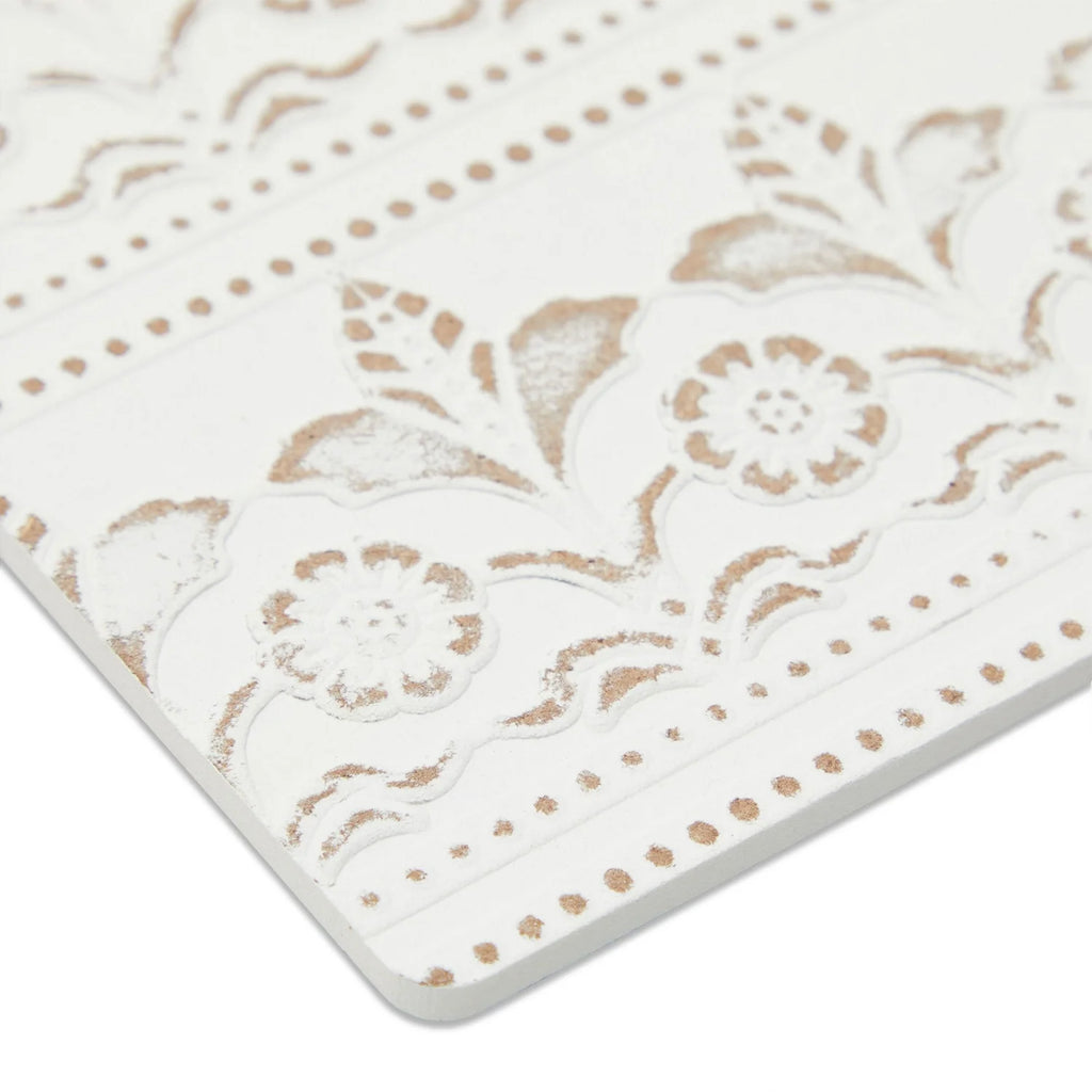 Set of 6 White Wooden Coasters with Holder for Drinks, Coffee Table, and Floral Farmhouse Decor (3.8 Inches)