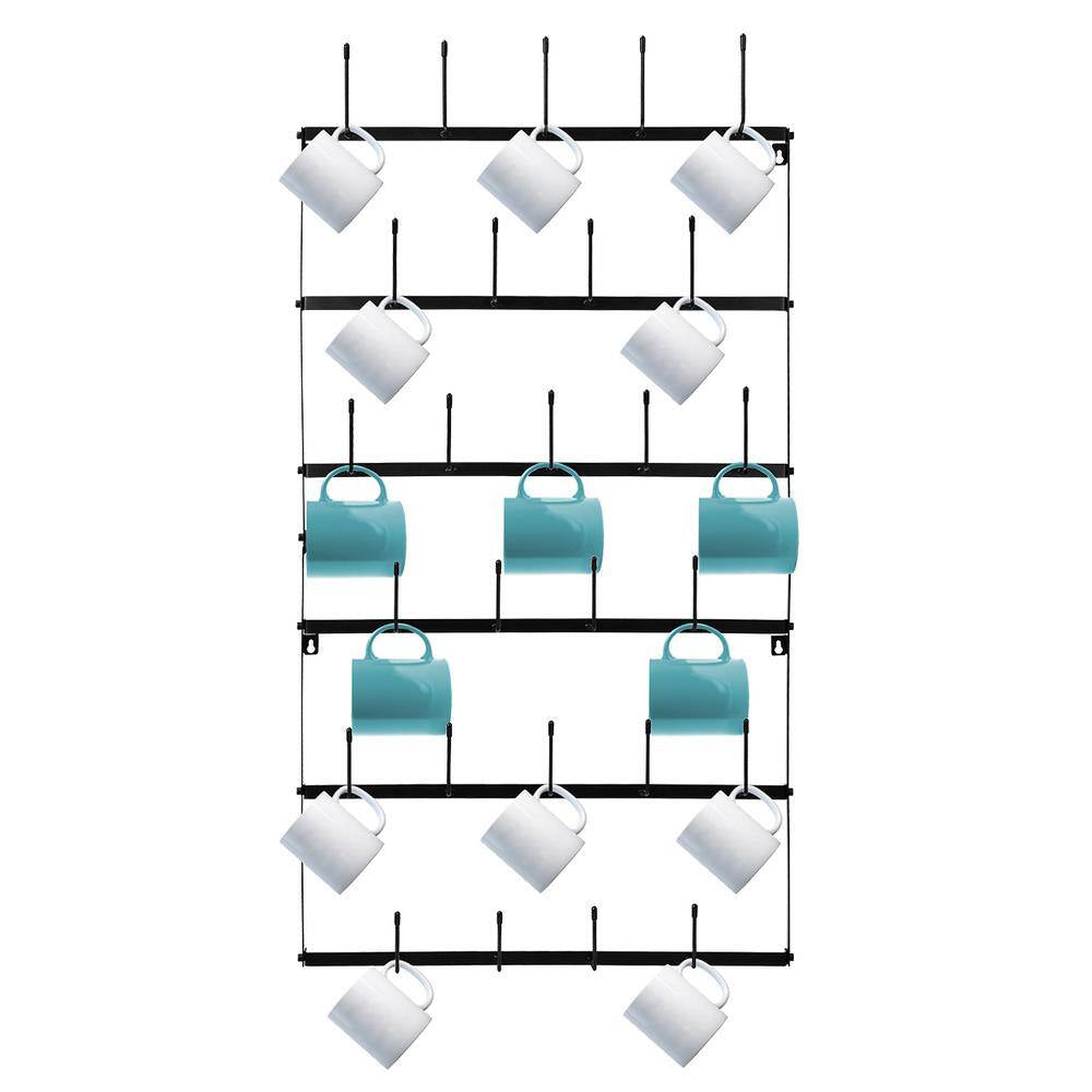 6-Tier 27 Hooks Black Wall Mounted Mug Hook Rack Cup Holder