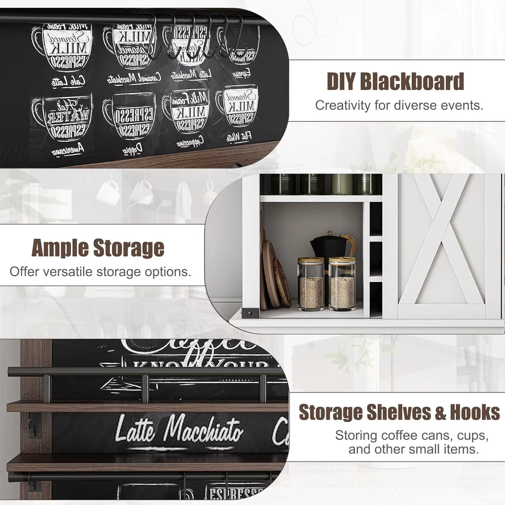 75" Farmhouse Coffee Bar Cabinet W/ Sliding Barn Door - White Buffet Storage for Kitchen & Dining