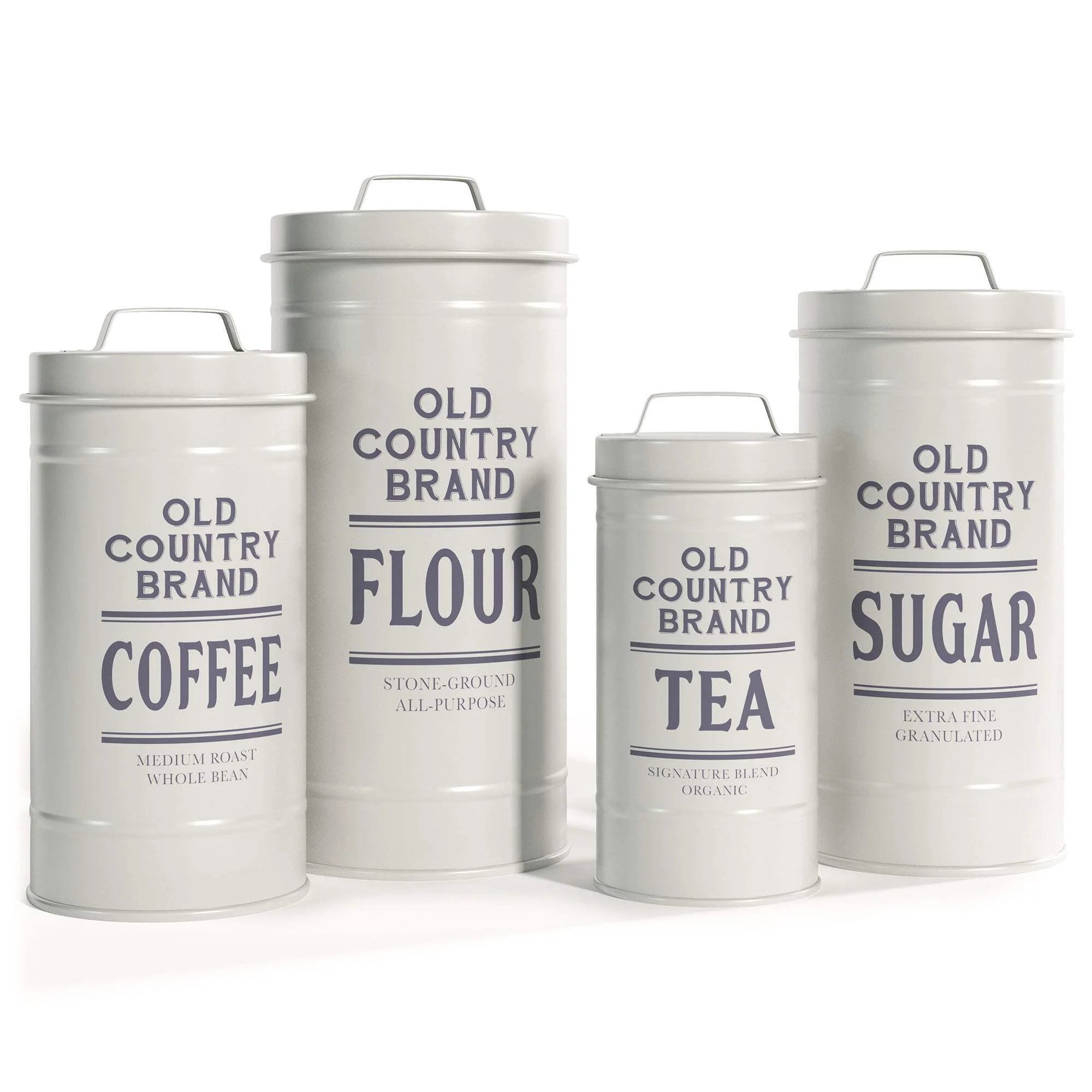 White Canister Sets for Kitchen Counter, Vintage Kitchen Canisters, Country Rustic Farmhouse Decor for the Kitchen, Coffee Tea Sugar Flour Farmhouse Kitchen Decor, Metal, Set of 4
