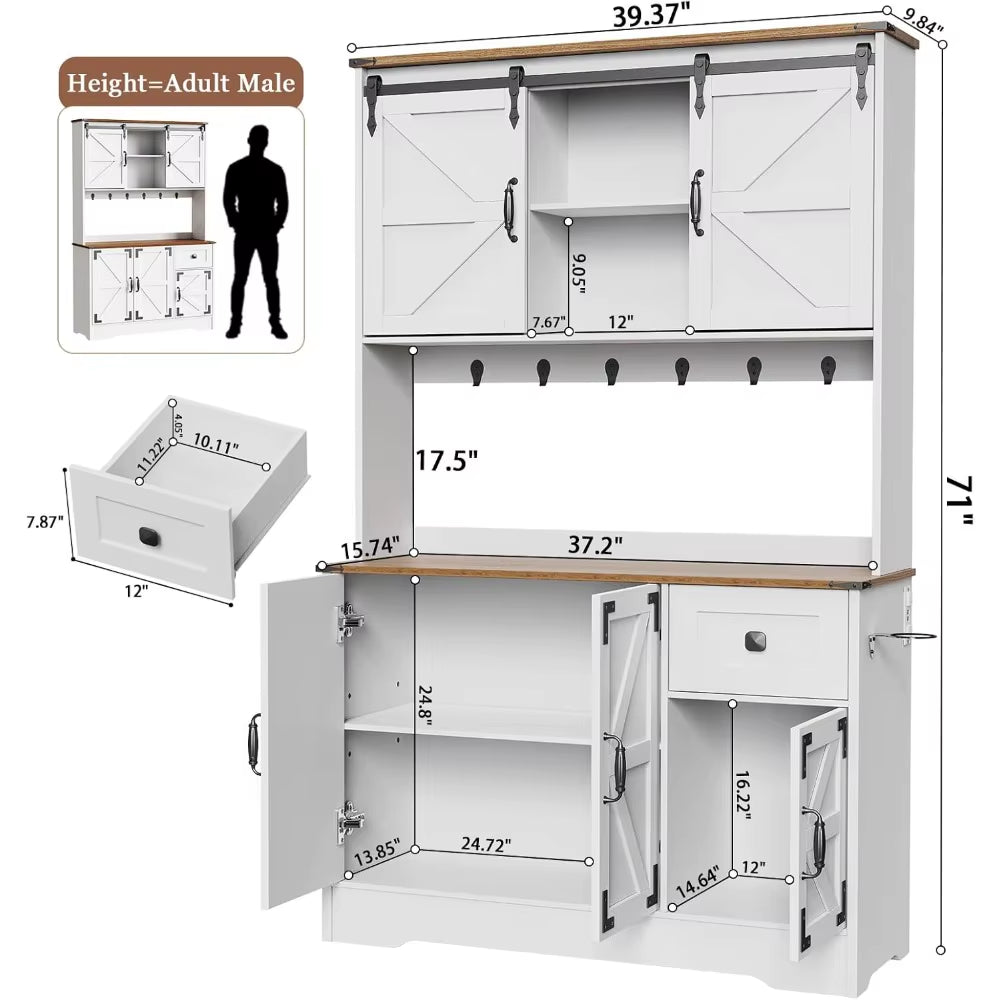 71" Kitchen Pantry Cabinet, Modern Kitchen Hutch Food Pantry with Charging Station and Microwave Stand, Pantry Storage Cabinets