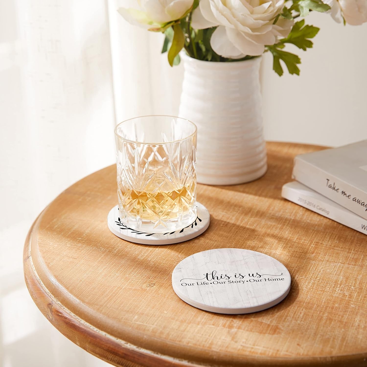 Coasters for Drinks, Set of 6 Absorbent Drink Coasters with Holder, Farmhouse Style Ceramic Drink Coasters with Cork Backing for Table Protection, Housewarming Gifts for New Home