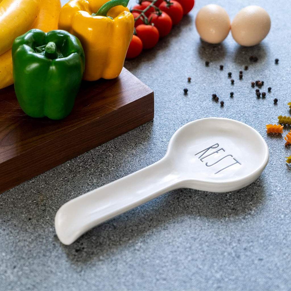 Ceramic Spoon Rest for Stove Top - Farmhouse Spoon Holder for Counter - Coffee Spoon Rest, Ladle Holder - Farmhouse Kitchen Decor, Gift (White)
