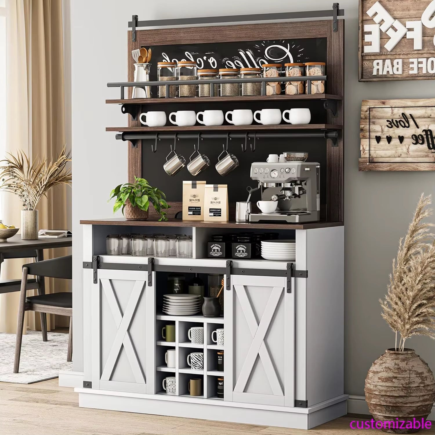 75" Farmhouse Coffee Bar Cabinet W/ Sliding Barn Door - White Buffet Storage for Kitchen & Dining