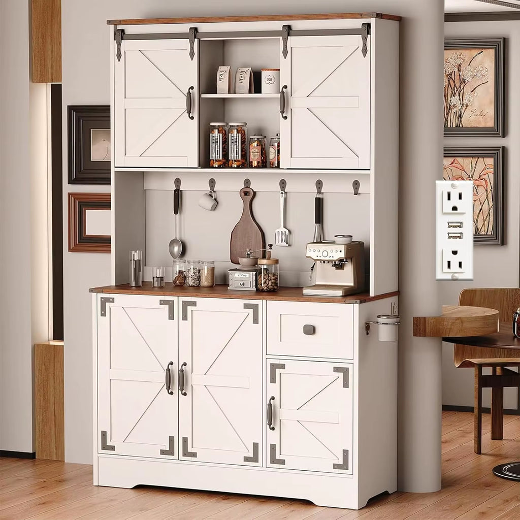 71" Kitchen Pantry Cabinet, Modern Kitchen Hutch Food Pantry with Charging Station and Microwave Stand, Pantry Storage Cabinets