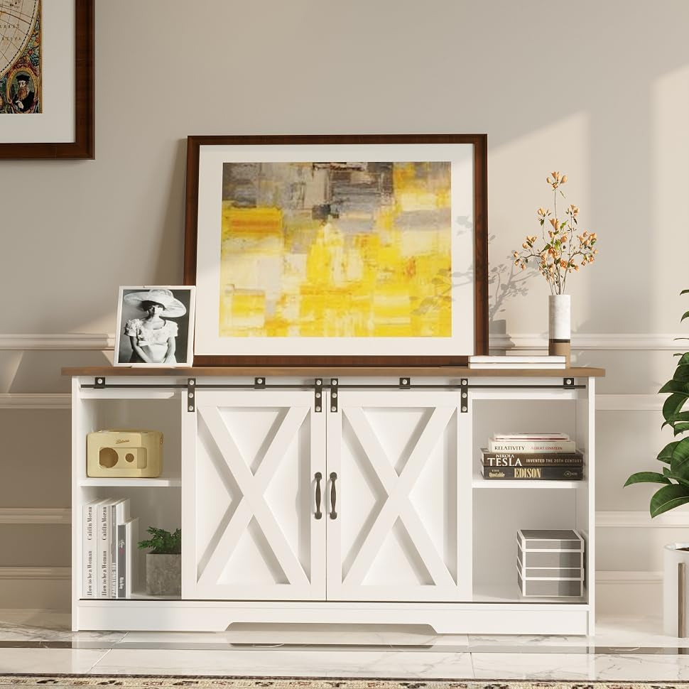 Farmhouse Coffee Bar Cabinet, 59" Buffet Cabinet with Storage & Sliding Barn Doors, Kitchen Storage Cabinet, Coffee Station, Living Dining Room, White