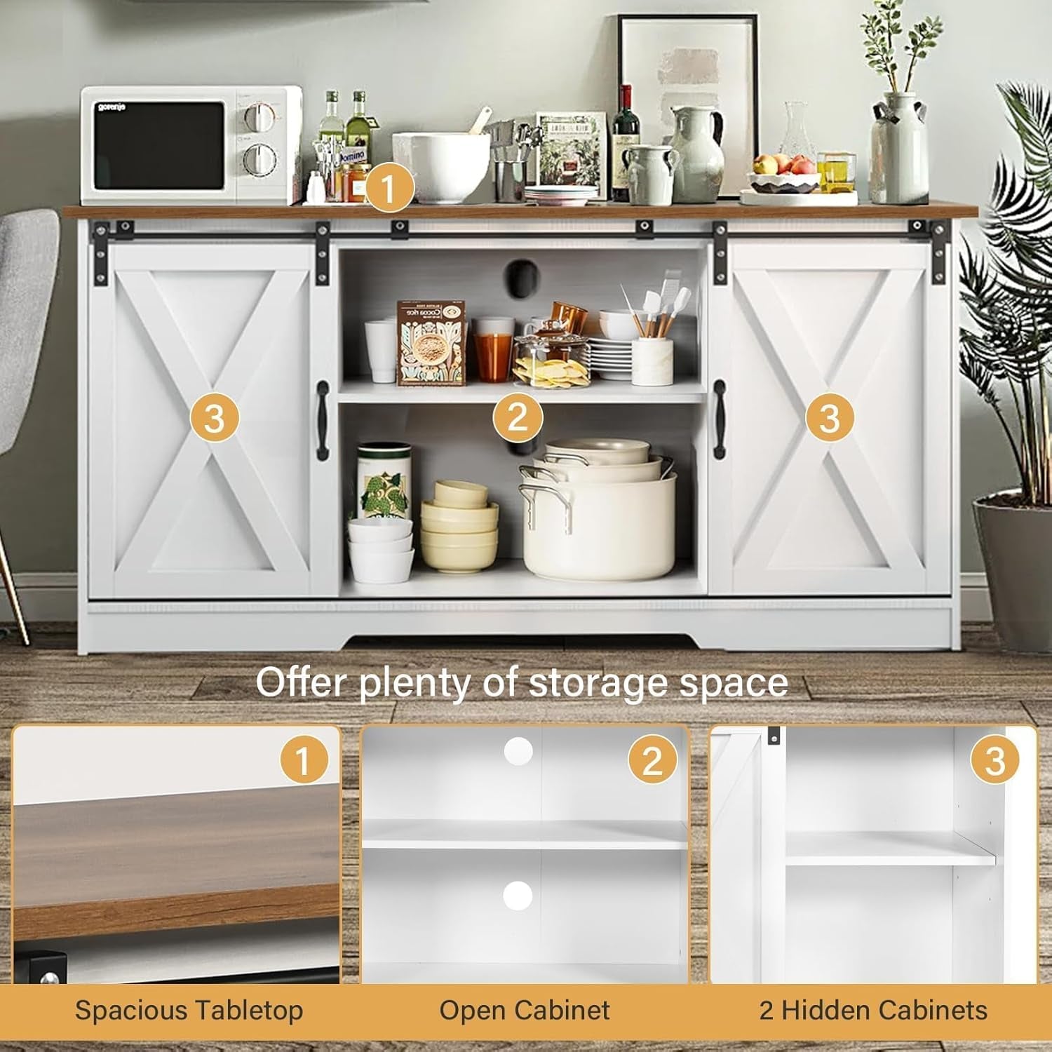 Farmhouse Coffee Bar Cabinet, 59" Buffet Cabinet with Storage & Sliding Barn Doors, Kitchen Storage Cabinet, Coffee Station, Living Dining Room, White