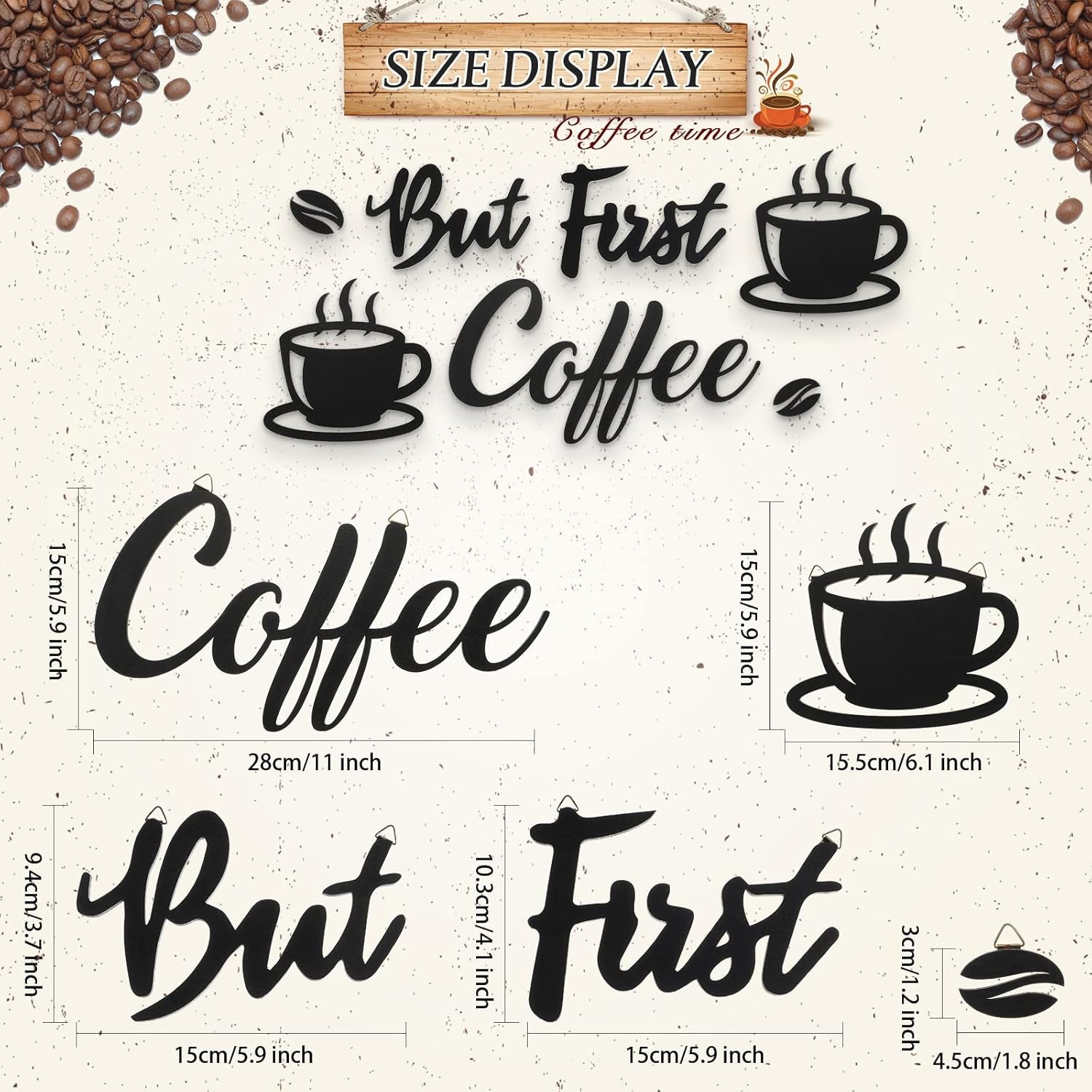 7 Pieces Coffee Time Rustic Sign Coffee Wall Art Coffee Sign Wall Decor with Coffee Beans and Coffee Cups Sign for Coffee Bar Home Office Kitchen (Chic Style)