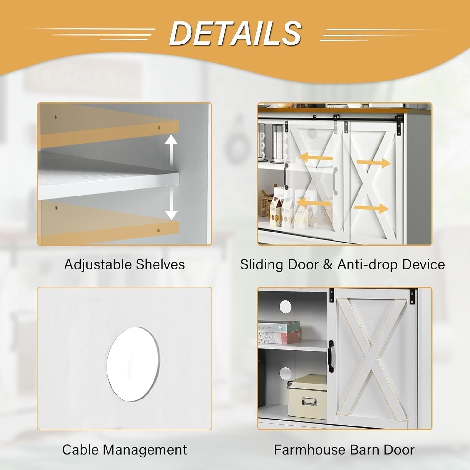 Farmhouse Coffee Bar Cabinet, 59" Buffet Cabinet with Storage & Sliding Barn Doors, Kitchen Storage Cabinet, Coffee Station, Living Dining Room, White