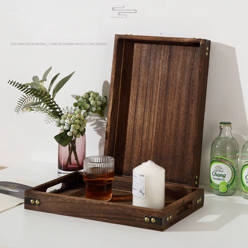 Handmade Wooden Tray with Handle Coffee Walnut Platter Decorative Kitchen Storage Tray Farmhouse Tea Cocktails Coffee Cup Tray