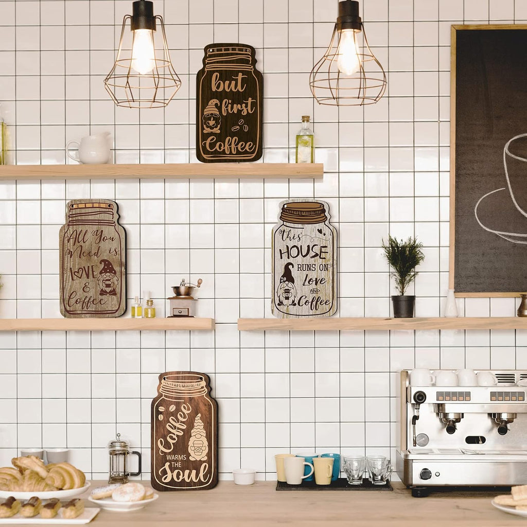 4 Pieces Fall Coffee Bar Decor Farmhouse Wood Sign Wall Hanging Plaque but First Coffee Mason Jar Table Plaque for Home Office Kitchen Wall Decor(Gnomes Style)